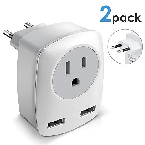 2Pack European Travel Plug Adapter (Not for UK), US to Europe Power Outlet Converter, USA to German Italy Spain France Greece Iceland Romania Russia Electrical Adaptor USB Wall Charger Type C (EU not UK)