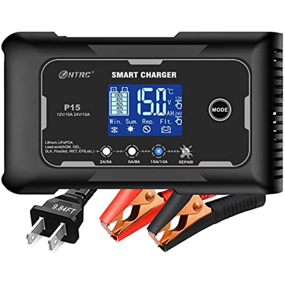 HTRC charger 15-Amp Fully-Automatic Smart Charger,12V and 24V Battery Charger,12V/15A 24V/10A Lead-Acid(AGM/Gel/SLA)/Lithium lron LiFePO4 Trickle Charger,Pulse Repair Car Battery Charger,Deep cycle
