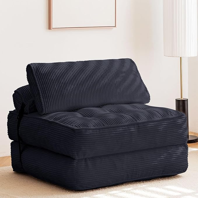 GYUTEI Folding Sofa Bed, Convertible Sleeping Chair with Backrest Support and Soft Corduroy Fabric，Fold Couch Bed with Pillow for Small Spaces/Living Room/Bedroom/Apartment, Single Size,Black