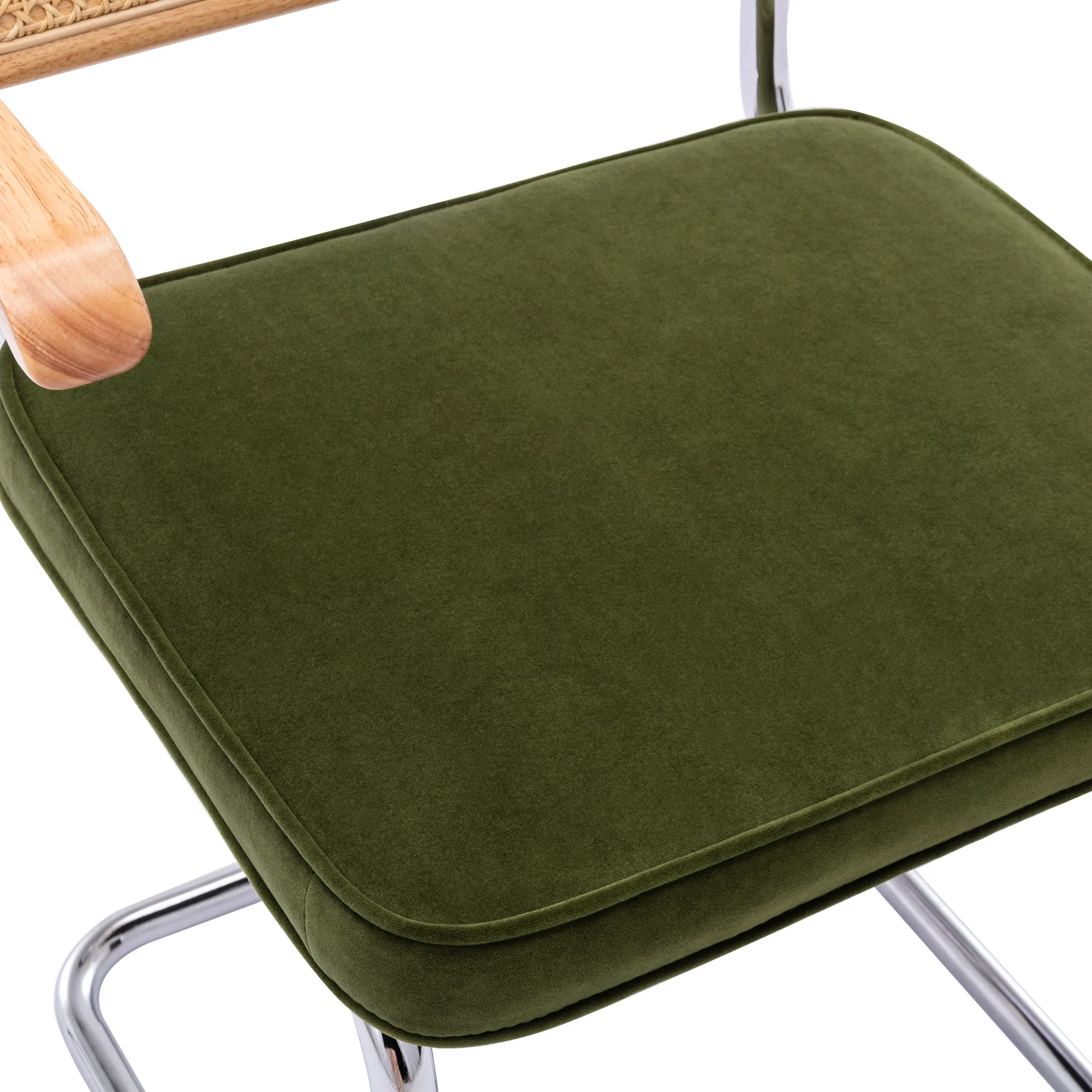 Zesthouse Mid-Century Modern Rattan Dining Chairs Set of 2, Velvet Upholstered Kitchen Arm Chair with Cane Back and Chrome Legs, Green