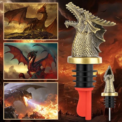 LKKCHER Dragon Head Liquor Pourers Spout for Alcohol Spirits, Dragon Gifts 2-In-1 Wine Bottle Pourer and Stopper for Men Women, Wine Accessories Gifts, Bronze with Bag
