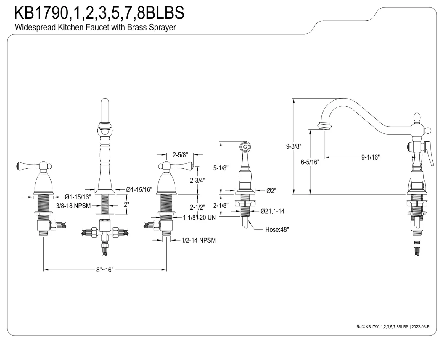 Kingston Brass KB1791BLBS Heritage Widespread Kitchen Faucet, Polished Chrome