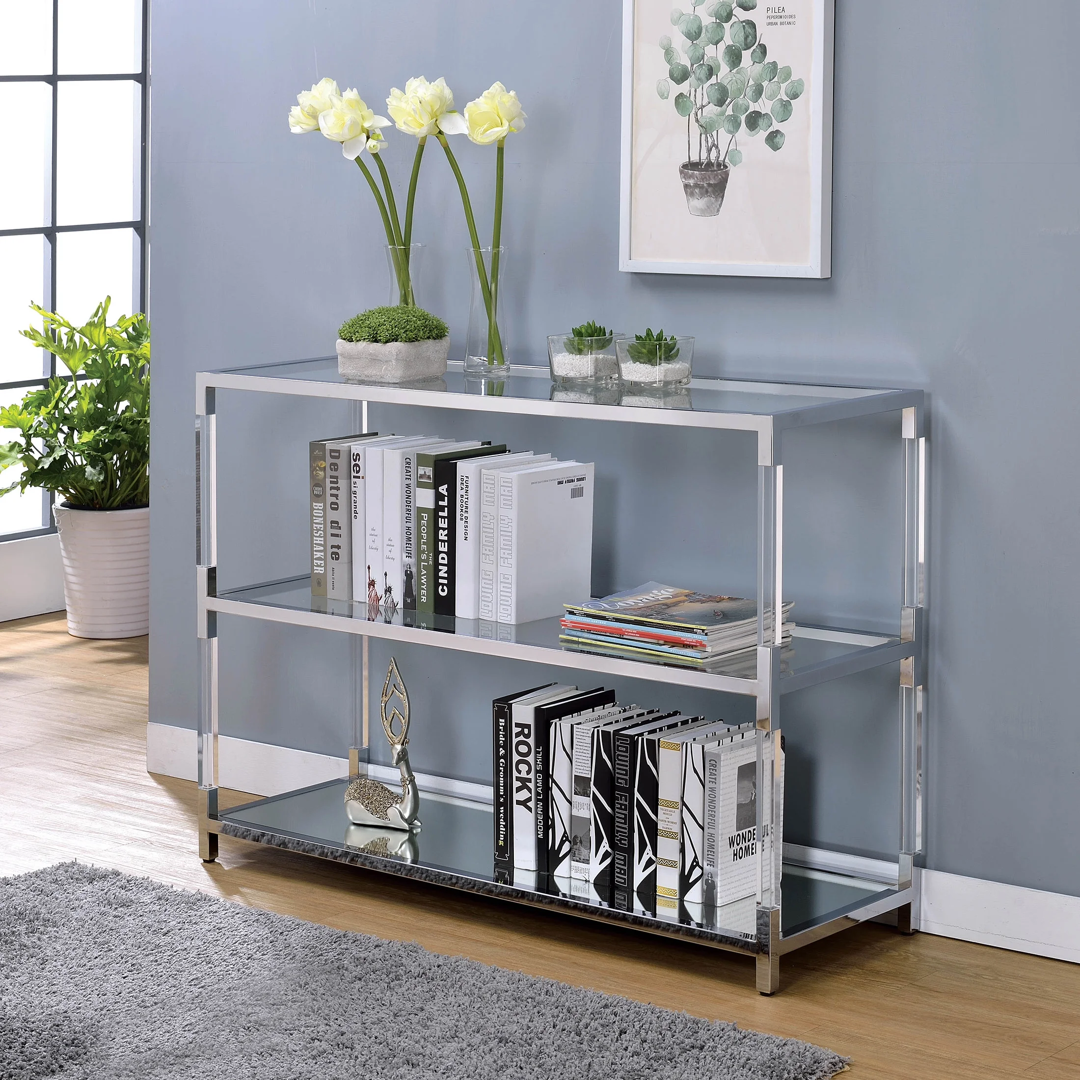 Furniture of America Ajani Glass Top Console Table, Chrome