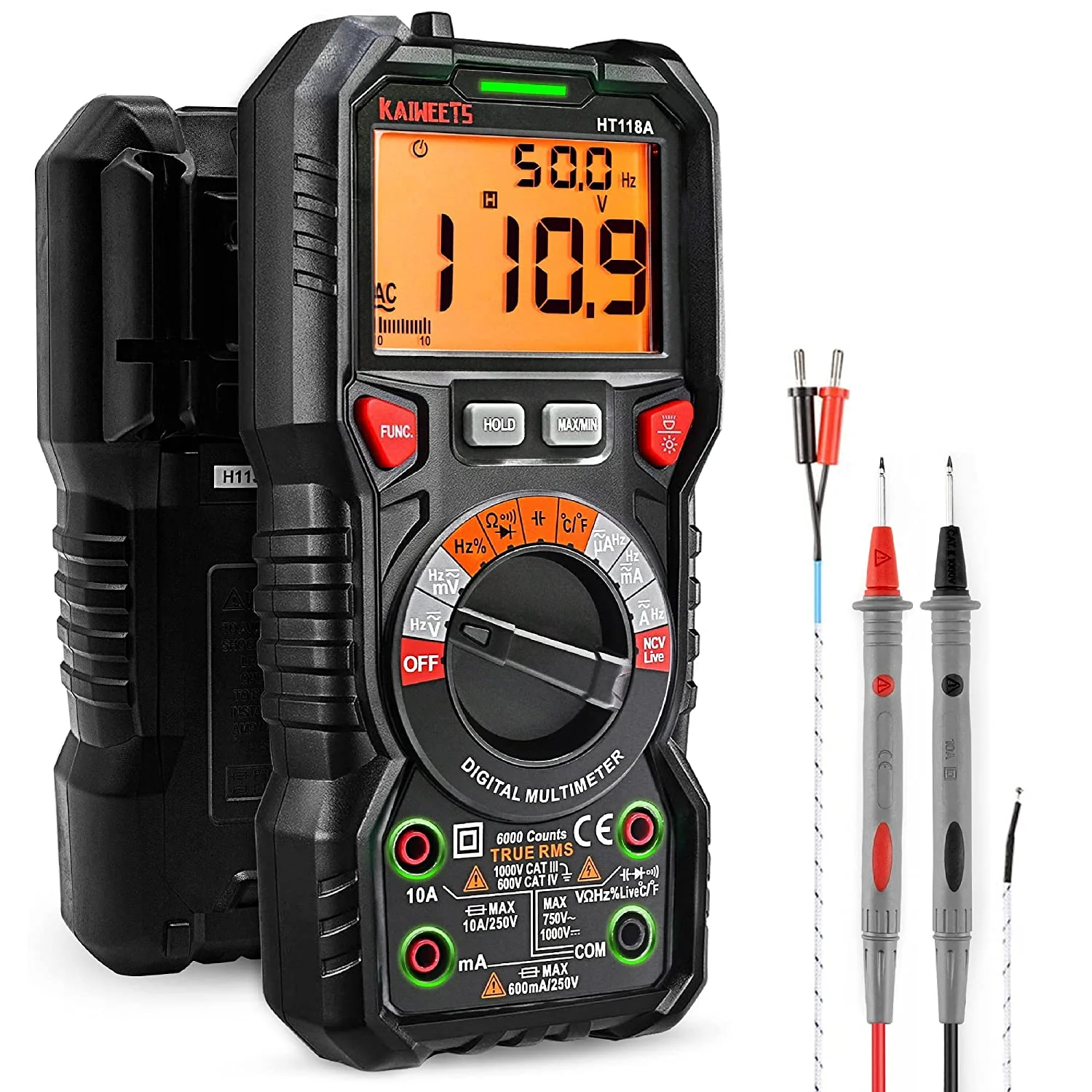 KAIWEETS Digital Multimeter TRMS 6000 Counts Ohmmeter Auto-Ranging Fast Accurately Measures Voltage Current Amp Resistance Diodes Continuity Duty-Cycle Capacitance Temperature for Automoti