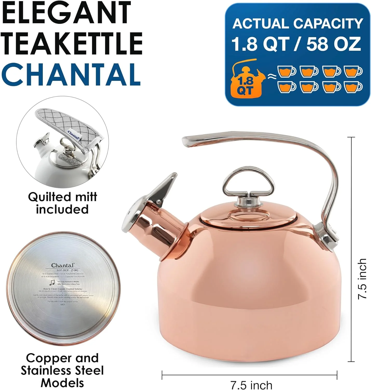 Classic Teakettle, 1.8 QT, Food Grade Pure Copper, 2-Tone Harmonica Whistle, Rapid Boil And Even Heating (Copper)