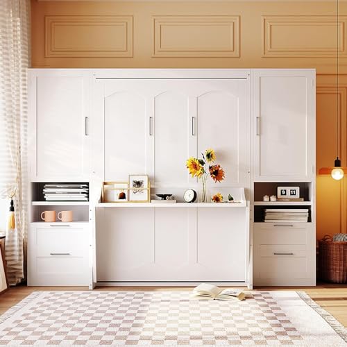 MERITLINE Full Murphy Bed with Desk and Storage 2 Closet,Drawers&Shelves, Wood Folding Murphy Wall Bed Cabinet for Adults (Full,White with Drawers)