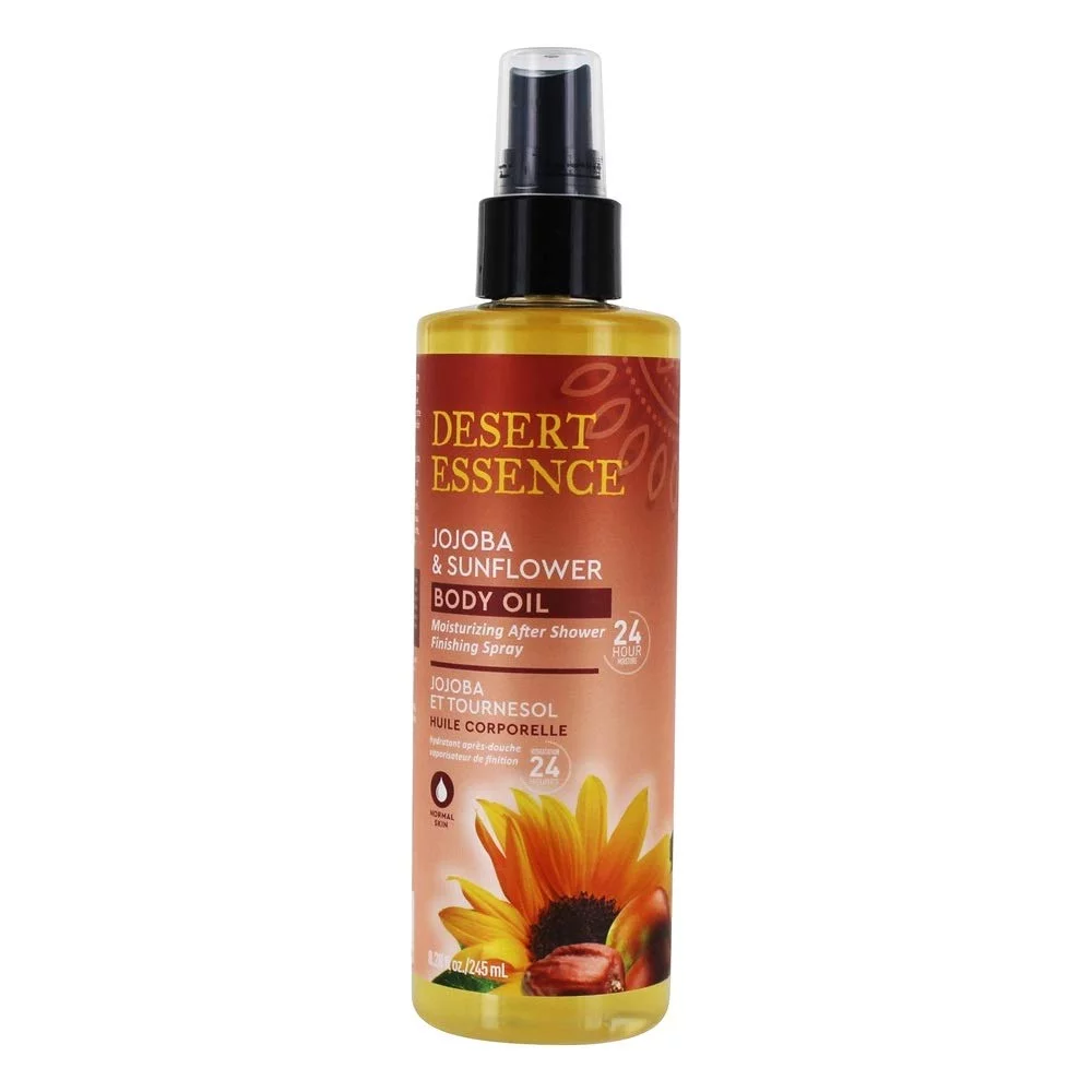 Desert Essence, Jojoba & Sunflower Body Oil Spray, 8.28 Fl. Oz. - Gluten-Free, Vegan, Cruelty Free - 24Hour Moisture, Soothes Skin, Perfect For Sensitive Skin, Illuminating Body Spray