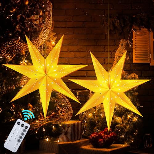 Hiboom 2 Pack Paper Star Lantern 24 Inch, 8 Mode 50 LEDs Firework Fairy String Lights, Seven Pointed Light up Hollow Out Star Hanging Decoration for Indoor Outdoor Room Wedding Christmas Party