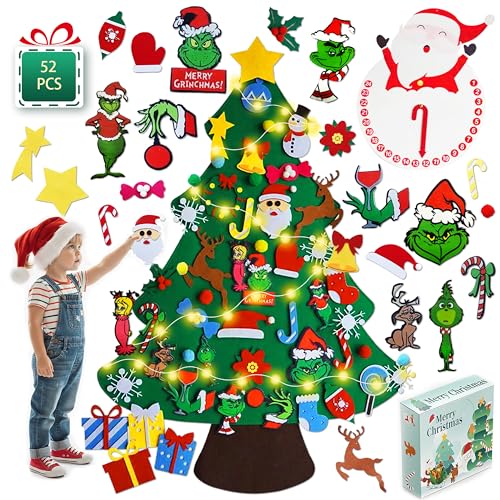 Felt Christmas Tree for Toddlers, Green Monster Christmas Decorations,52 Ornaments Kids Gifts Party Supplies,Stitched Edges,Party Favors & Gift Box(3.5ft)