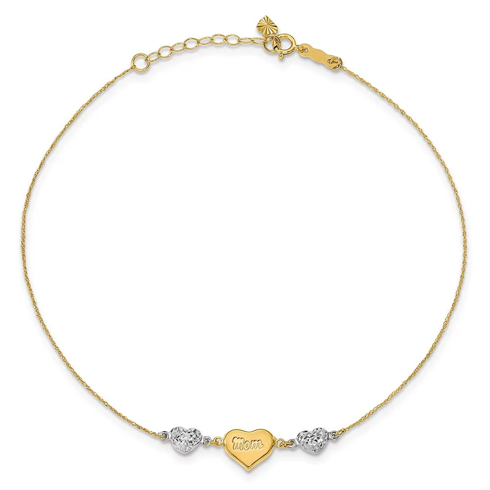 Primal Gold 14 Karat Two-Tone Diamond-cut Puffed Hearts MOM 10-inch Plus 1-inch Extension Anklet