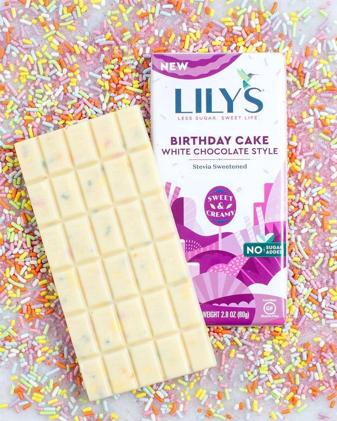 Birthday Cake White Chocolate Style Bar By Lily's Sweets | Made with Stevia, No Added Sugar, Low-Carb, Keto Friendly | Gluten-Free & Non-GMO 4pc