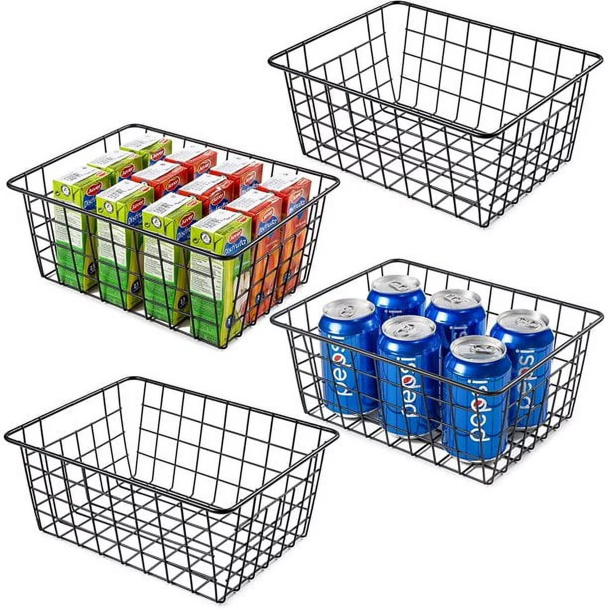 Wire Storage Baskets for Organizing, 4 Pack Metal Wire Freezer Organizer Bins with Handles, Large Pantry Baskets for Kitchen Cabinets, Bathroom, Laundry, Garage, Black