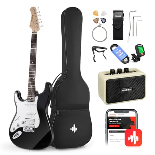 Donner DST-100B 39 Inch Electric Guitar Beginner Kit Solid Body Full Size Black HSS for Starter, with Amplifier, Bag, Digital Tuner, Capo, Strap, String,Cable, Picks