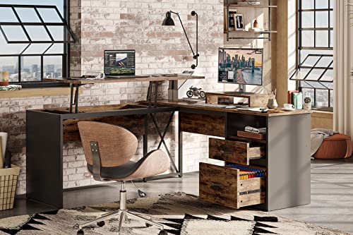 Bestier Lift Top L Shaped Desk with File Drawer, 55'' x 55'' Office Desk with Reversible Storage Drawers, L Shaped Standing Desk with Computer Monitor Stand