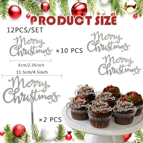 12 Pcs Christmas Cake Toppers Acrylic Mirror Merry Christmas Cupcake Topper for Winter Xmas Holiday Party Supplies (12, Gold)