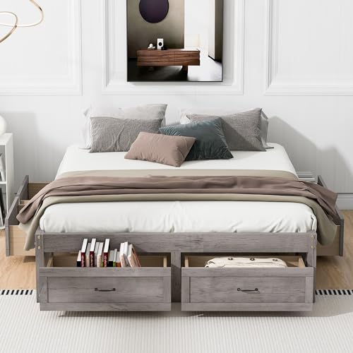 CITYLIGHT Full Size Platform Bed with 6 Drawers, Wooden Full Bed Frame with Storage and Wood Slat Support, Antique Natural