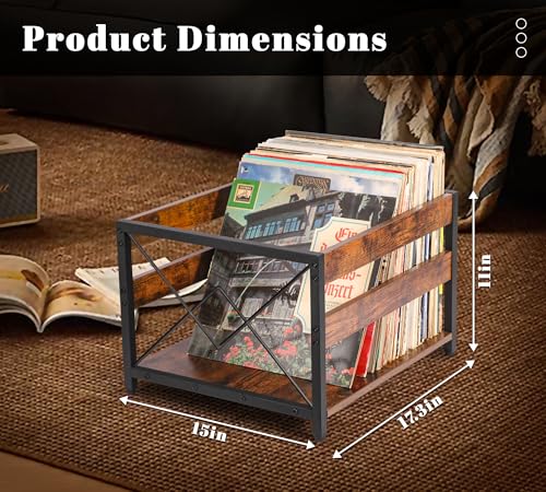 Y&M Vinyl Record Storage Crate, Wooden Storage Box, Classic Cube CD Albums Shelf Holder Organizer, Holds Up to 100+ Records, Magazine Rack for Desktop, Home, Office, Brown