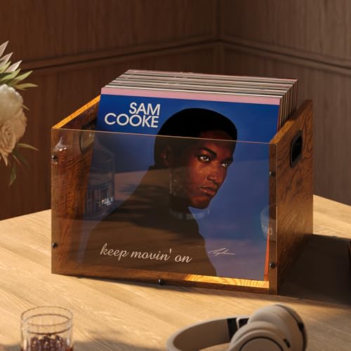 Record Album Storage Crate, Bamboo & Acrylic Vinyl ​Record Crate, Multifunctional Visible Record Holder Crate with Handle, Great for Storing Vinyl ​Record LP's/Albums Hanging Letter Size Folders Toy