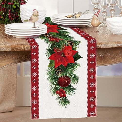 Netnology Watercolor Poinsettia Red Christmas Table Runner with White Snowflake,Seasonal Winter Xmas Party Decoration Holiday Indoor Home Kitchen Decor 13 x 60 Inch