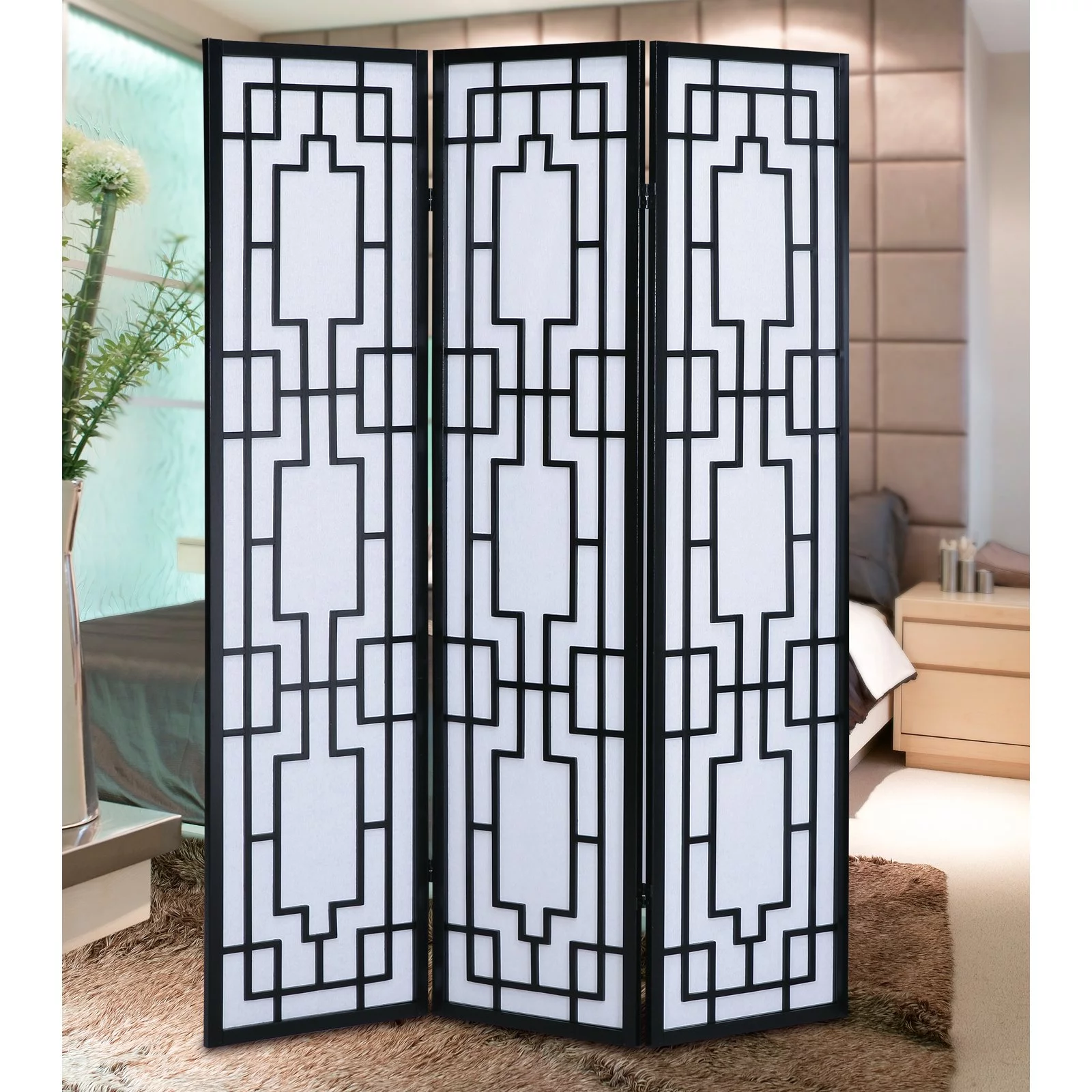 Roundhill Furniture Sudoku Paper and Wood 3-Panel Room Divider Screen in Black