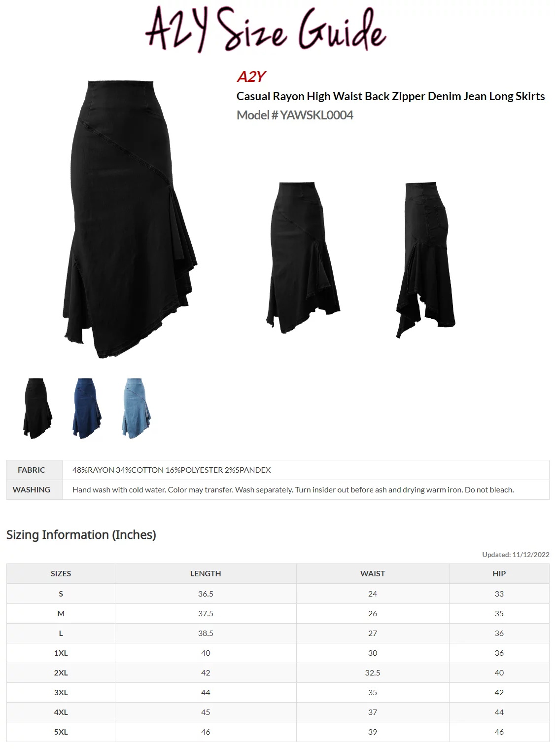 A2Y Women's Casual Rayon High Waist Back Zipper Denim Jean Long Skirts Dark Wash L