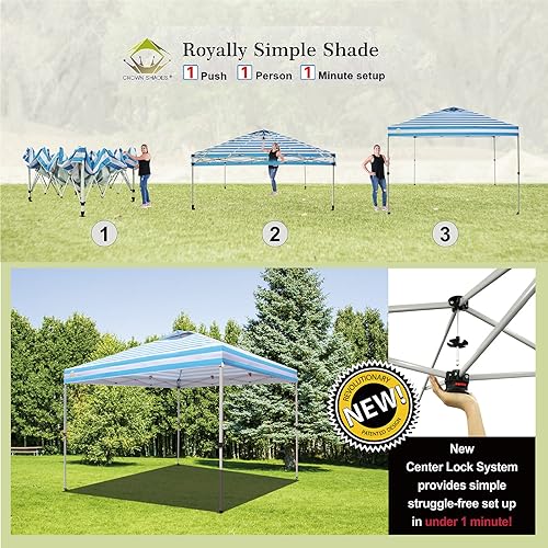 CROWN SHADES 10x10 Pop Up Canopy - Beach Tent with One Push Setup - Easy Outdoor Sun Shade for Events, Parties, Camping - Gazebo with STO-N-Go Cover Bag, Silver Coated Top, White