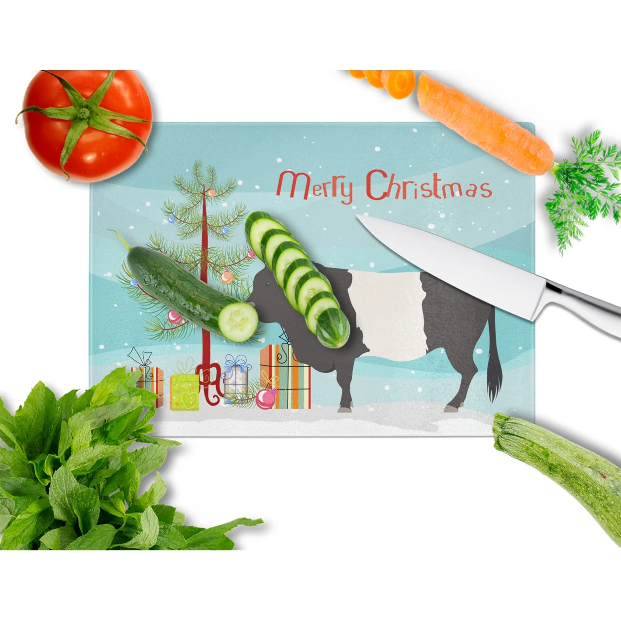 Caroline's Treasures Belted Galloway Cow Christmas Glass Cutting Board Large