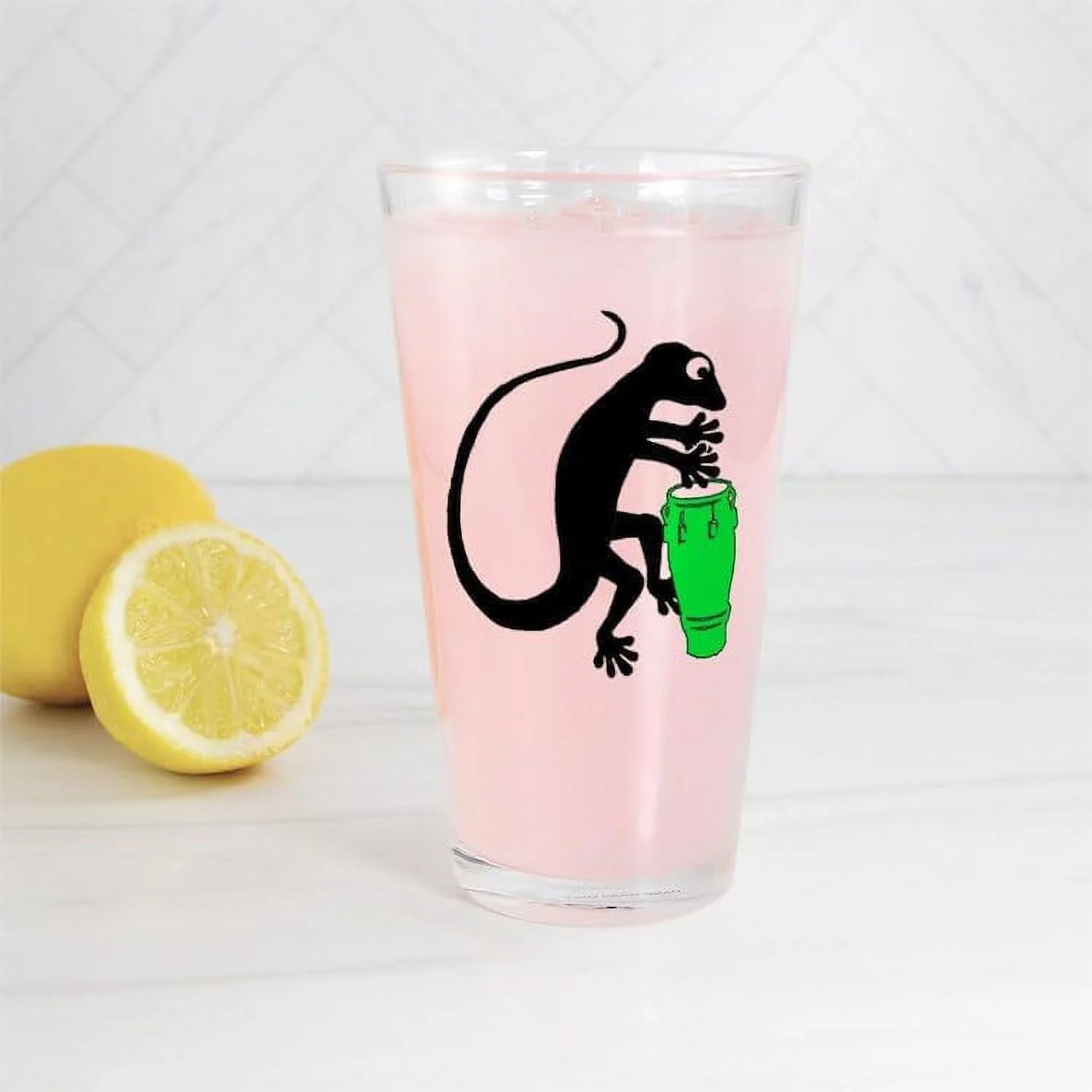 Gecko Drummer Pin Glass, 16 Oz. Drinking Glass