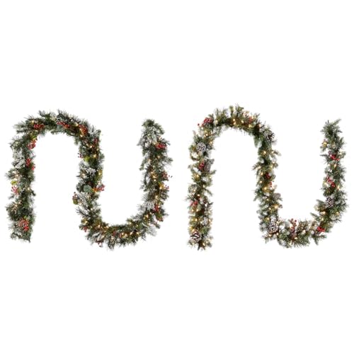 National Tree Company 9 ft Pre-Lit Wintry Pine Flocked Artificial Christmas Garland, Christmas Decoration with Pinecones, Red Berries, 100 Clear Lights, 184 Tips, Green