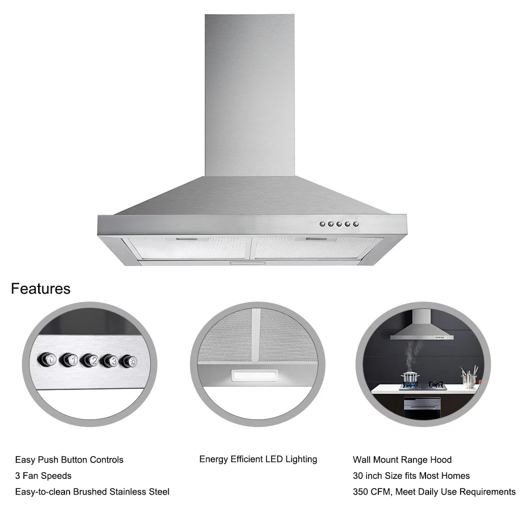 Wall Mount Range Hood 30 inch Stainless Steel Stove Vent Hood with 3 Speed Kitchen Exhaust Fan