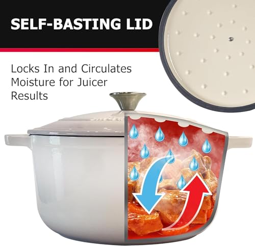 Mueller 6qt Enameled Cast Iron Dutch Oven, Heavy-Duty Casserole and Braiser Pan with Lid and Knob, Oven-Safe up to 500° F & Across All Cooktops, White