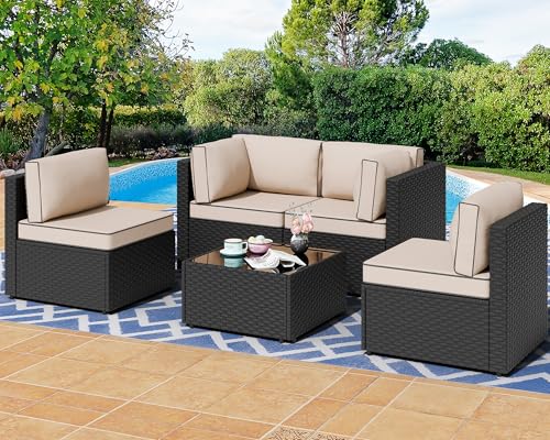 Shintenchi 5 Pieces Outdoor Patio Sectional Sofa Couch, PE Wicker Furniture Sets, Patio Conversation Sets with Washable Cushions Glass Coffee Table for Garden, Poolside, Backyard, Aegean Blue