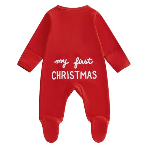 Lamuusaa Newborn Baby Girl Boy Christmas Outfit My First Christmas Footie Romper Zipper Bodysuit Jumpsuit Fall Winter Clothes