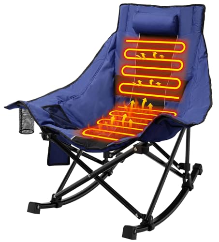 ZENPETIO Heated Camping Chair, Oversized Outdoor Rocking Chair with 3 Heat Levels, Portable Folding Heated Chair for Camp, Lawn, Sports, Winter Use (Battery NOT Included)
