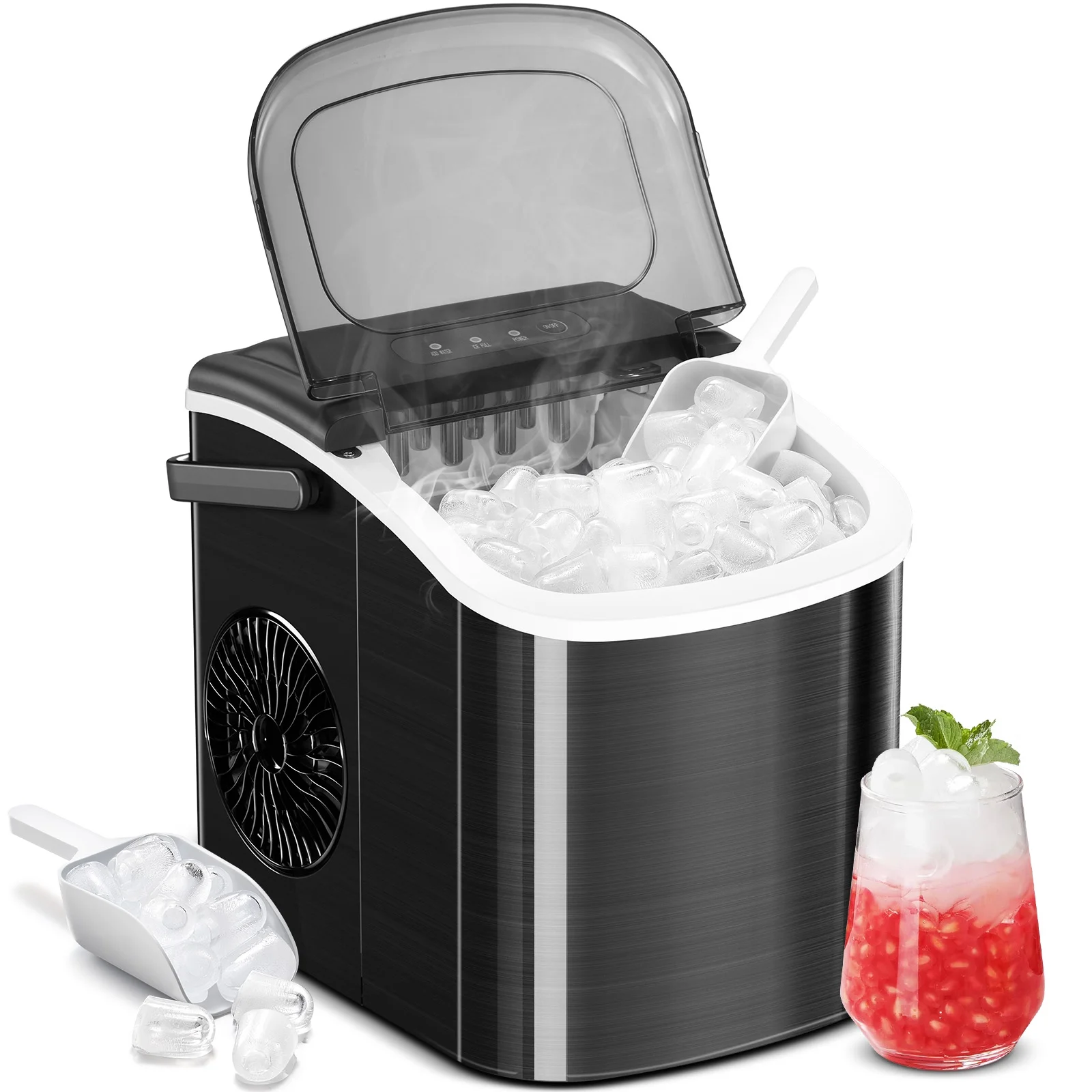 Besttey Stainless Steel Countertop Ice Maker, 9 Bullet Ice Cubes in 6 Mins, 26Lbs/24H, with Scoop & Basket, Black