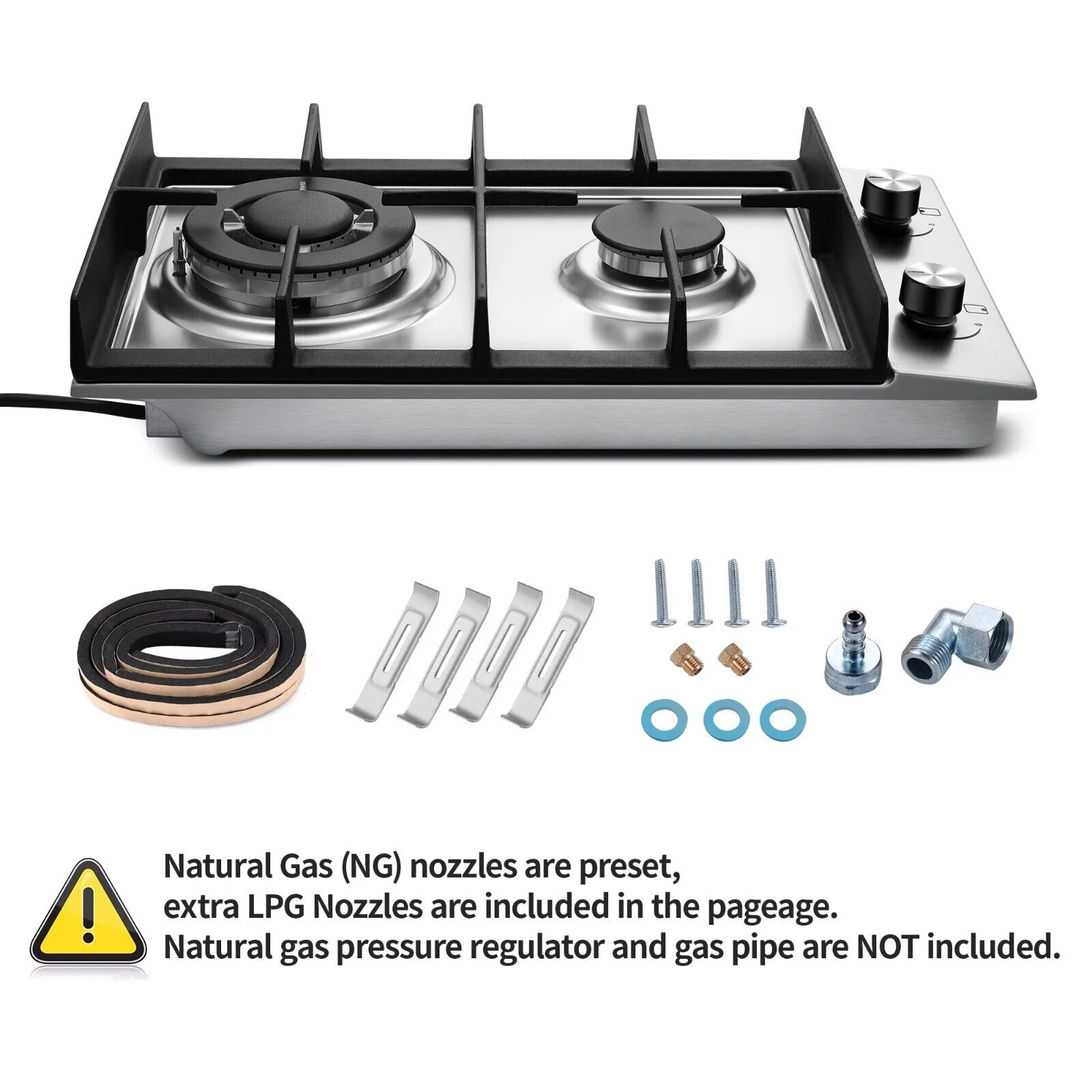 2-Burners 12inch Gas Cooktop Stainless Steel NG/LPG Convertible Built-in Burner Cooktop