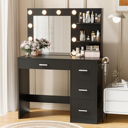YESHOMY Vanity Desk with Mirror, 10 Lights, Power Outlet and 3 Storage Shelves, Makeup Table with 4 Drawers, 3 Color Modes, for Bedroom, White