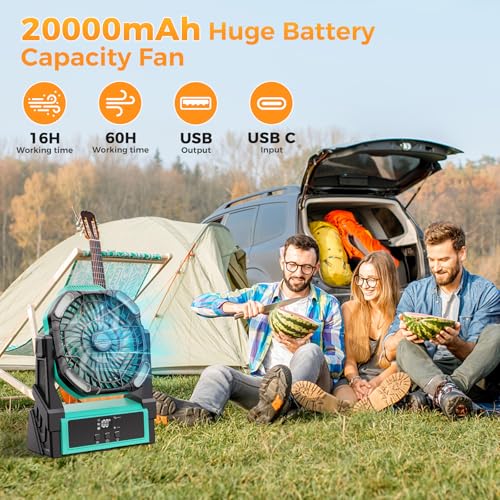 Portable Camping Fan, 20000mAh Rechargeable Battery Operated Fans with Lights, Outdoor Beach Tent Fan, 4 Speed, Adjustable Brightness for Picnic, Barbecue, Fishing, Office, Home (Blue Black)