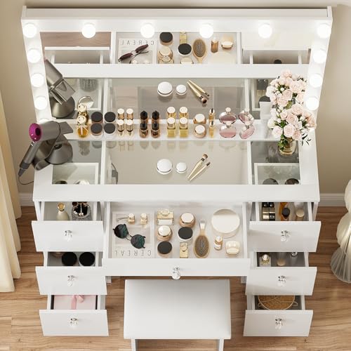VOWNER Vanity with Lighted Mirror - Makeup Vanity Desk with Glass Top, 7 Drawers and Power Outlet, 3 Color Lighting Modes Adjustable Brightness, 44