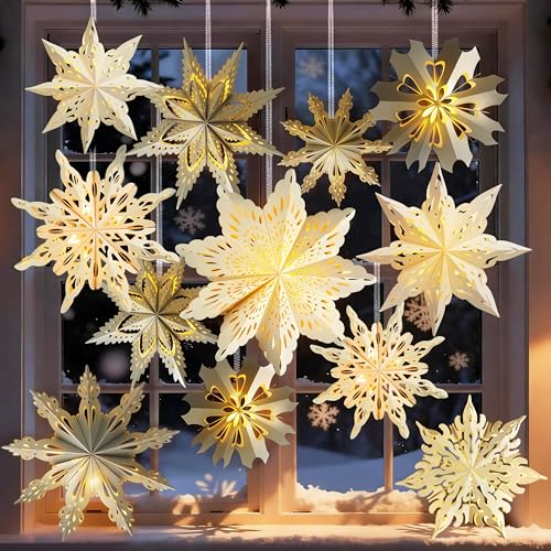 OuMuaMua 18Pcs Christmas Paper Snowflake Lanterns, 3D Christmas Paper Star Lanterns with LED Lights, 10/12 Inch White Hanging Snowflake Lamps for Xmas Winter Frozen Weddings New Year Party Decorations
