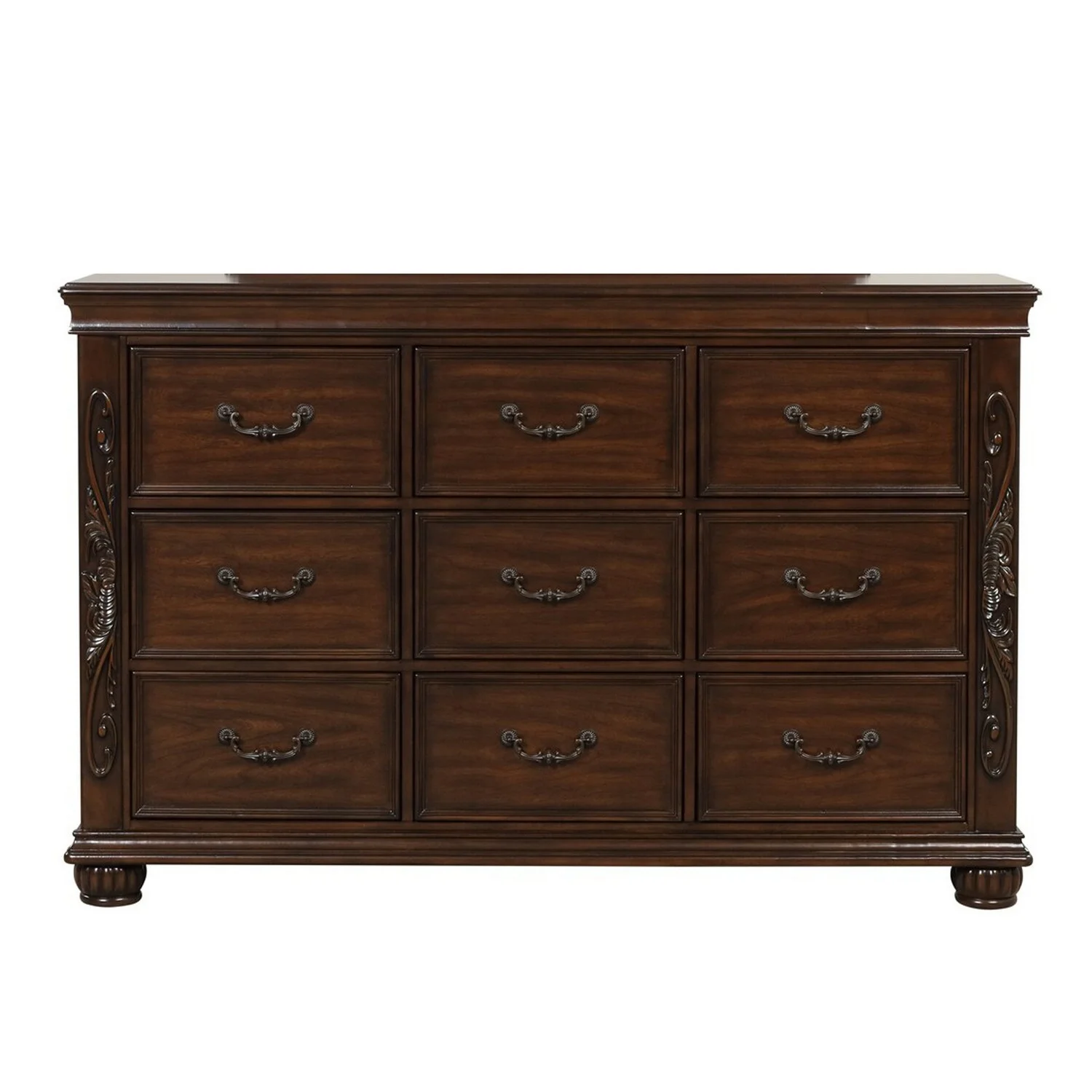 Benjara BM309534 64 in. Akil Floral Carved Wood Wide Dresser with 9 Drawers, Cherry Brown