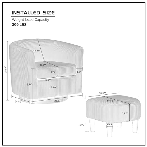 360° Swivel Barrel Accent Chair with Ottoman, Round Club Arm Chair,Modern Single Sofa Seating, Reading Seat in Corduroy for Living Room Bedroom (Black)