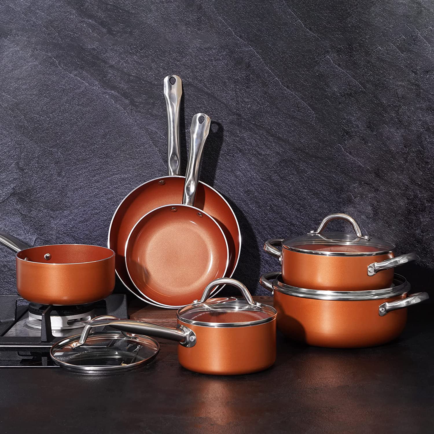 Excellent Nonstick Pots and Pans Set Copper  5 Piece Aluminum Fry Pan Cookware Set for Kitchen Induction Cooktop  PFOA Free  Dishwasher and Oven Safe  Orange