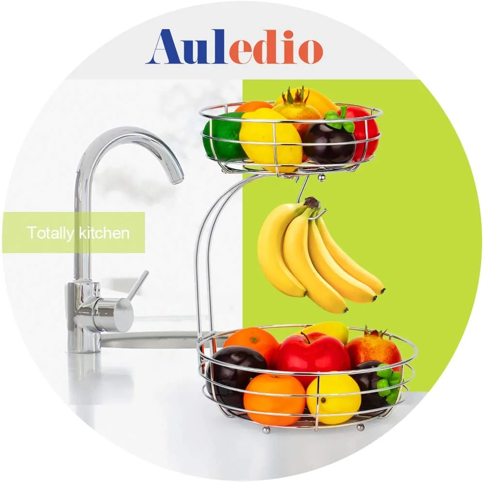 2 Tier Metal Wire Fruit Basket with Banana Hanger, Detachable Basket for Kitchen Countertop in Chrome