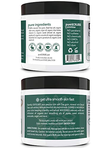 pureSCRUBS Premium Eucalyptus Body Scrub Set - Large 16oz Dead Sea Salt Body Scrub With Infused Essential Oils & Nutrients, Includes Wooden Spoon, Loofah & Oatmeal Exfoliating Bar Soap
