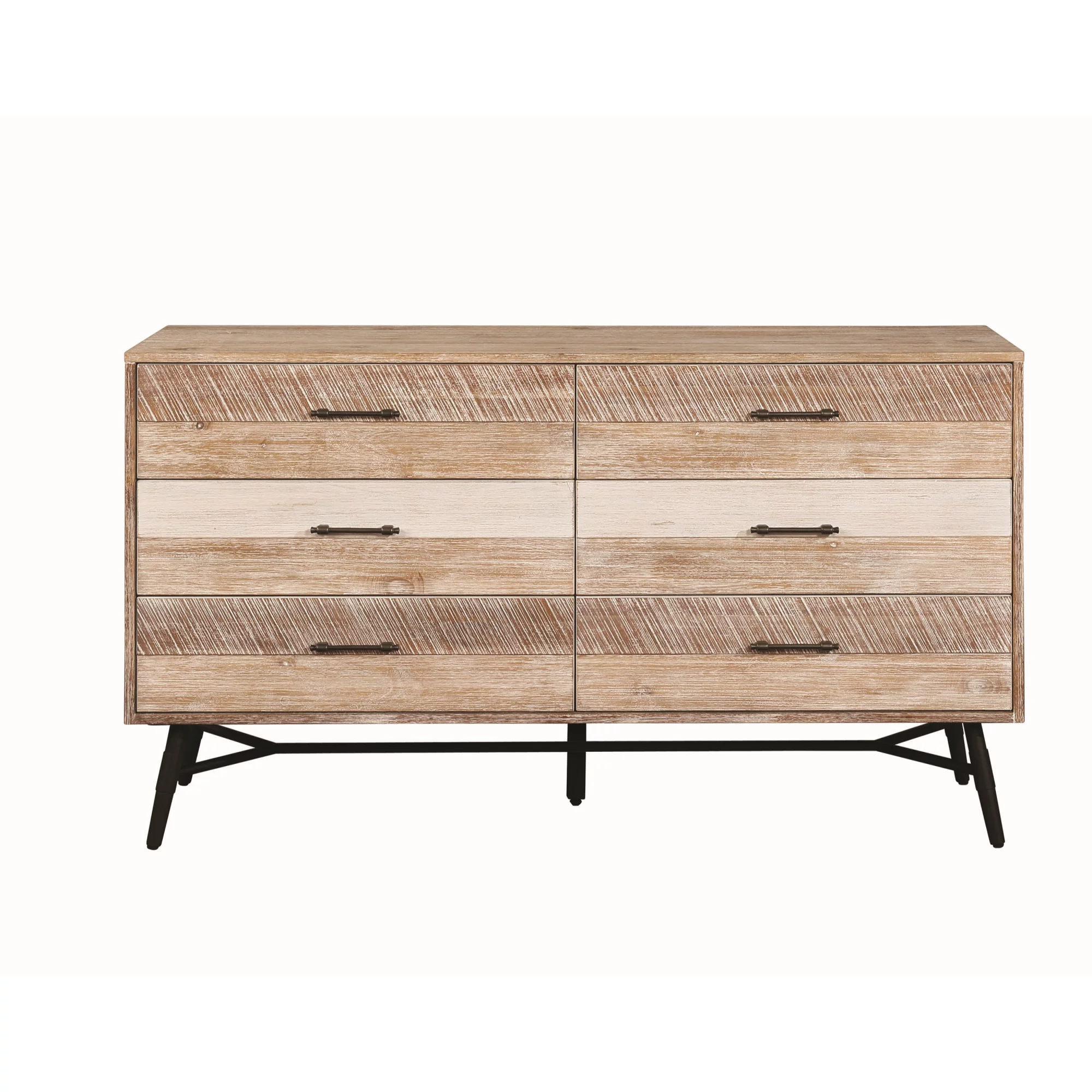 Six Drawer Wooden Dresser with Metal Angled Legs, Brown and Black