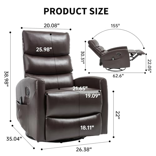 Massage Chair Recliner with Heat, Swivel Rocking Chair Recliner with High Back, Manual Lazy Boy Recliners for Adults,Small Recliner Chair for Small Spaces, Living Room Bedroom, Fabric (Black)
