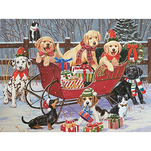 Bits and Pieces – 500 Piece Jigsaw Puzzle for Adults – Santa's Helpers - Puppies Christmas Sleigh Jigsaw Puzzle by Artist William Vanderdasson, Completed Puzzle Size: 18