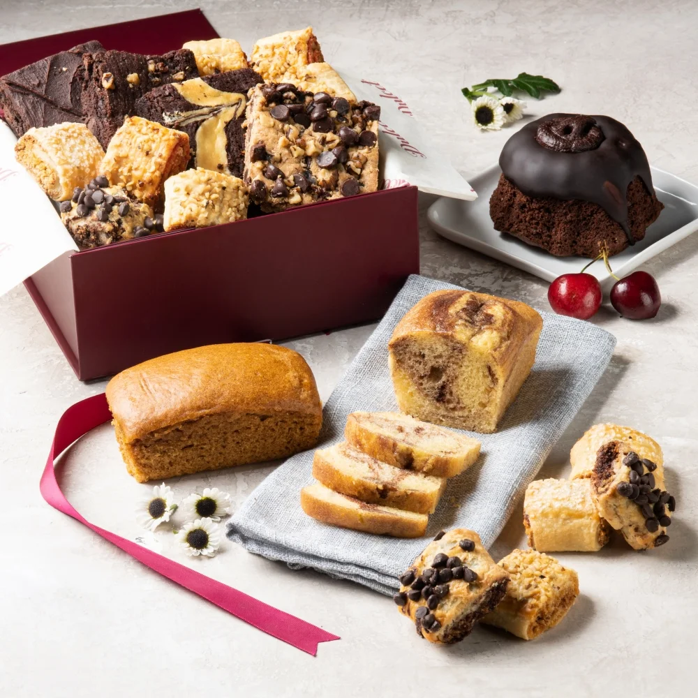Dulcet's Assorted Bakery Gift Basket - Featuring Chocolate Lava Bundt, chocolate brownies, Pumpkin and Marble Loaf, and Assorted Rugelach in Flavors like Chocolate Chip and Raspberry