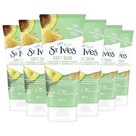 St. Ives Soft Skin Face Scrub Moderate Exoliation For Soft, Smooth Skin Avocado & Honey Dermatologist-Tested, PETA-Approved Skin Care, 100% Natural Exfoliants 6 oz 6 Count